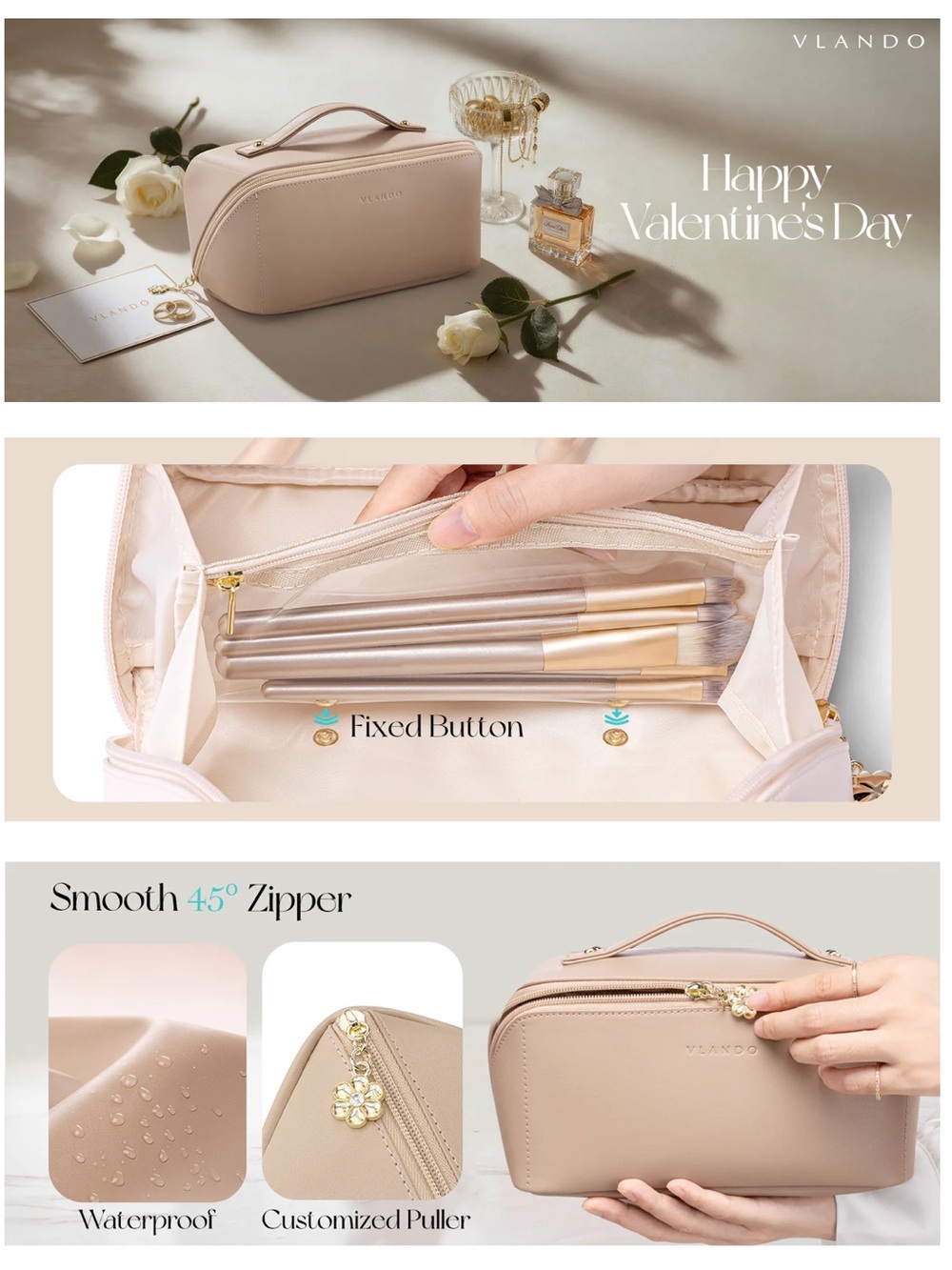 VLANDO Large Travel Makeup organizer bag cosmetics skin care toiletry light pink